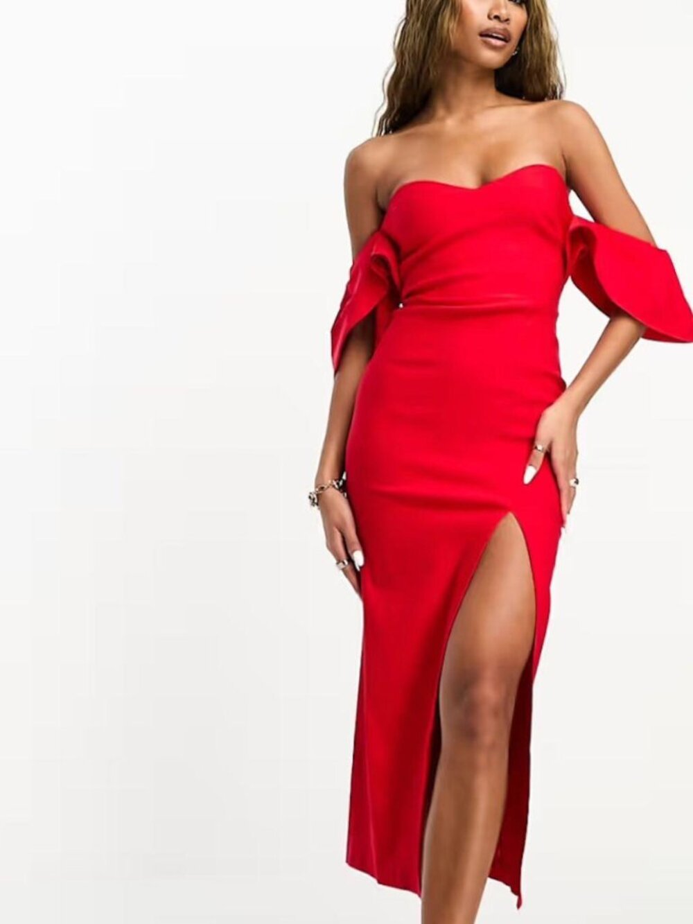 Vesper bengaline sweetheart frill sleeve bodycon thigh split midi dress